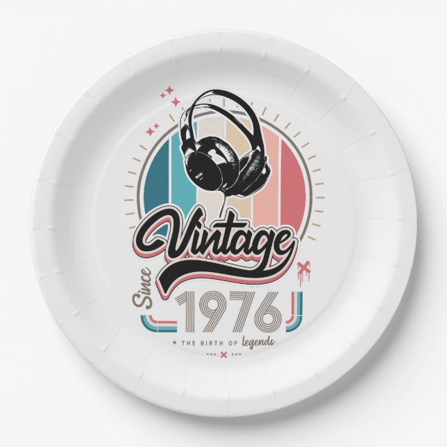 Vintage since 1976 headphones paper plate (Front)