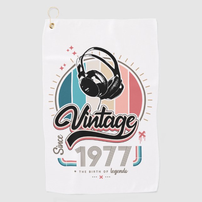 Vintage since 1977 headphones golf towel (Front)