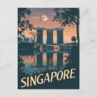 Vintage Singapore Travel Poster Skyline Moon