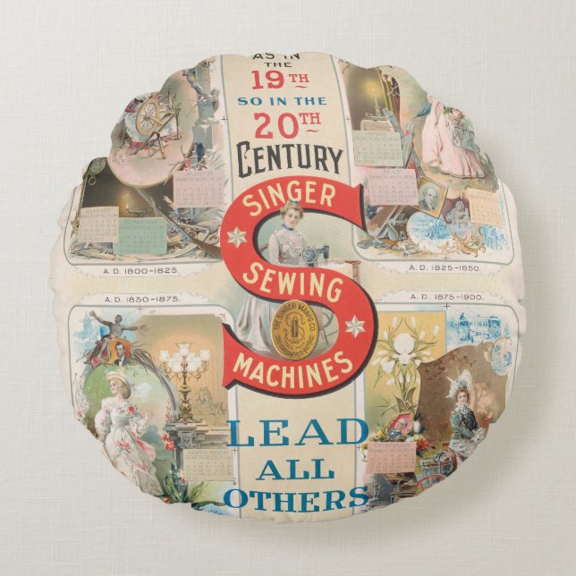 Vintage Singer Sewing Machine Ad Round Cushion (Front)
