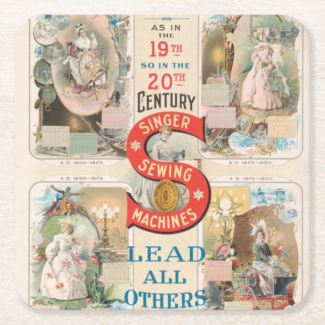 Vintage Singer Sewing Machine Ad Square Paper Coaster (Front)