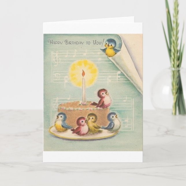 Vintage Singing Birds And Cake Birthday Card (Front)