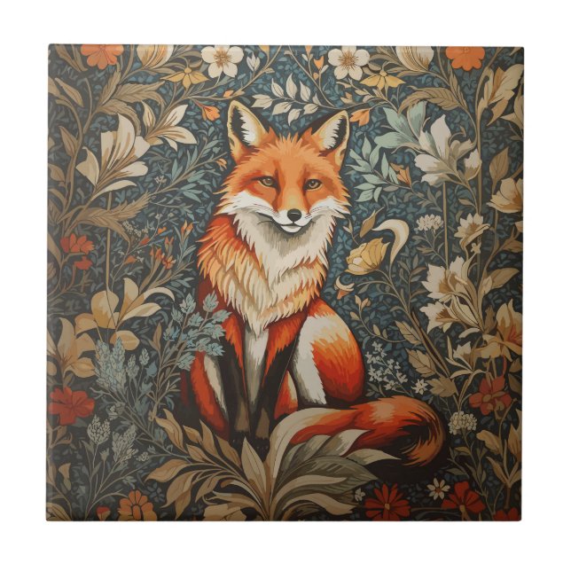 Vintage Sitting Fox William Morris Inspired Floral Ceramic Tile (Front)