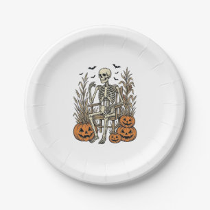 Vintage Skeleton and Pumpkins Halloween Shirt Desi Paper Plate