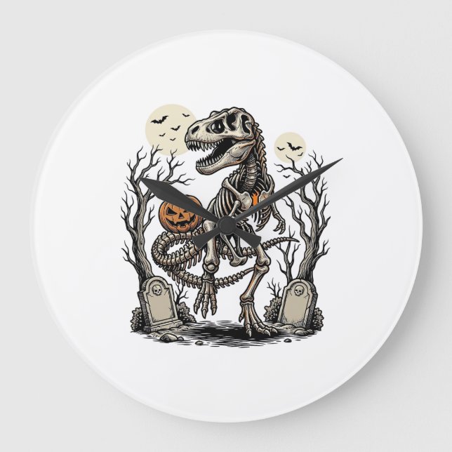 Vintage Skeleton Dinosaur Halloween Graveyard Desi Large Clock (Front)