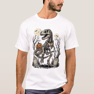 Vintage Skeleton Dinosaur Halloween Graveyard Desi T-Shirt