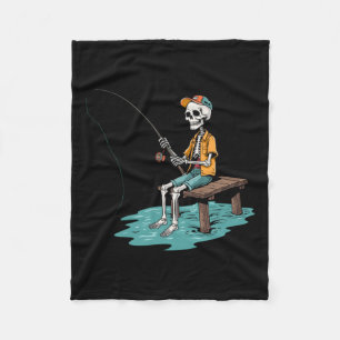 Vintage Skeleton Fisherman Sitting On Dock Fleece Blanket