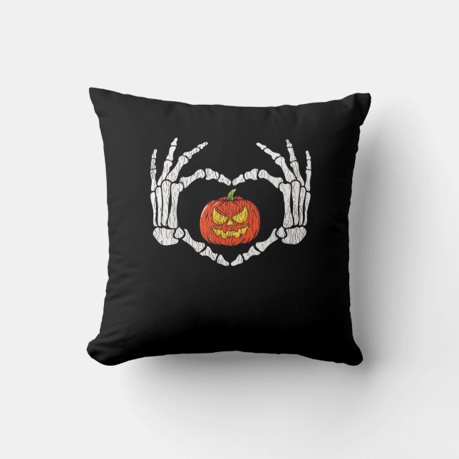 Vintage Skeleton Hands Heart Pumpkin Autumn Hallow Cushion (Front)