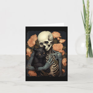 Vintage Skeleton Holding A Black Cat Halloween Card