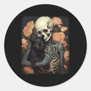 Vintage Skeleton Holding A Black Cat Halloween Got Classic Round Sticker