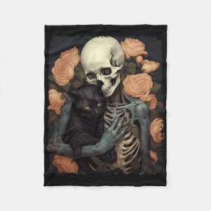 Vintage Skeleton Holding A Black Cat Halloween Got Fleece Blanket