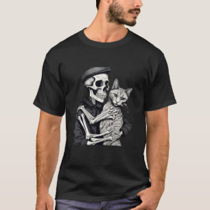 Vintage Skeleton Hugging Cat Halloween Cat Lover C T-Shirt