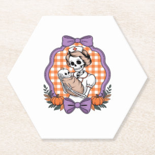 Vintage Skeleton Nurse and Baby � Cute Halloween R Paper Coaster