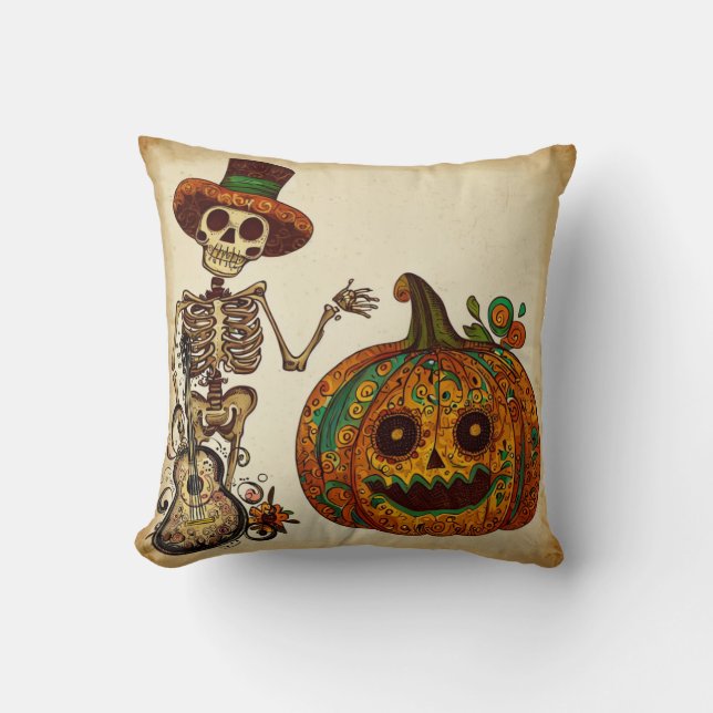Vintage Skeleton/Pumpkin Day of the Dead Cushion (Front)