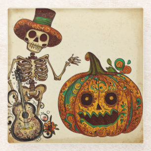 Vintage Skeleton/Pumpkin Day of the Dead Glass Coaster