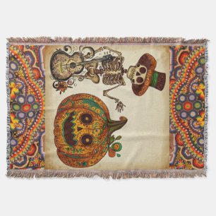 Vintage Skeleton/Pumpkin Day of the Dead Throw Blanket