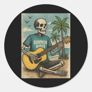 Vintage Skeleton Summer Vibes Funny Beach Guitar Classic Round Sticker