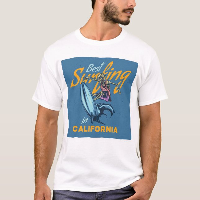 Vintage Skeleton Surfing California Beach T-Shirt (Front)