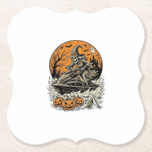 Vintage Skeleton Witch Halloween Jet Ski Shirt Des Paper Coaster