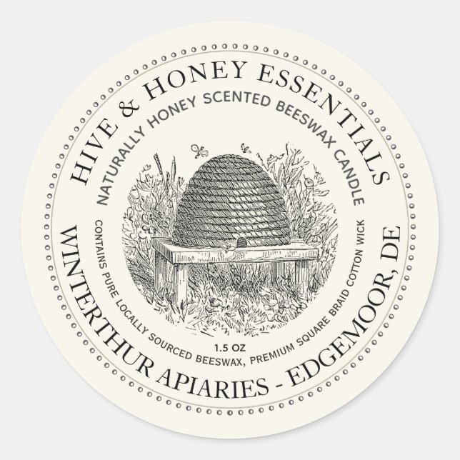 Vintage Skep Hive Candle Label Ivory (Front)