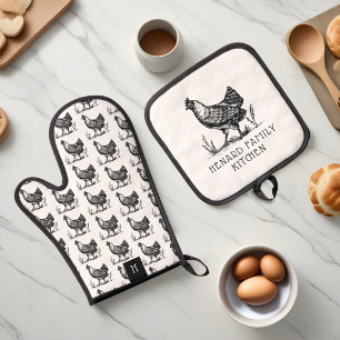 Vintage Sketch Farm Hen Black & White Monogam Oven Mitt & Pot Holder Set