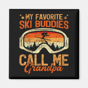 Vintage ski buddies call grandpa skiing father's magnet
