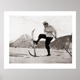 Vintage ski iamge, Wooden skis, single pole Poster