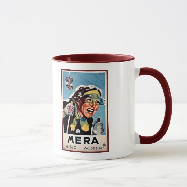 Vintage ski Mera Valsesia Italian travel poster Mug (Right)