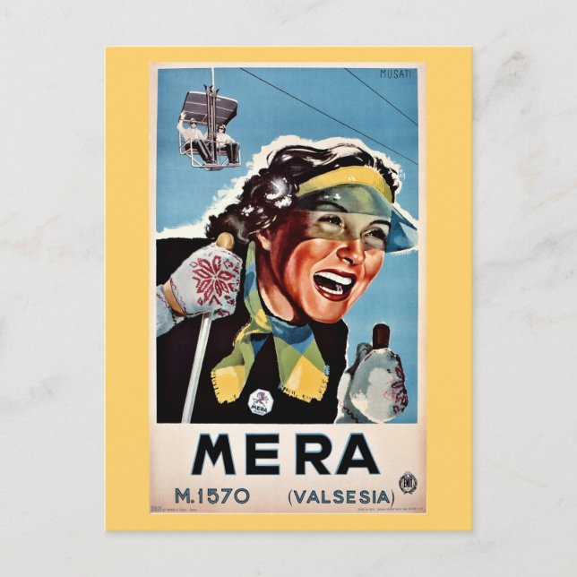Vintage ski Mera Valsesia Italian travel poster Postcard (Front)