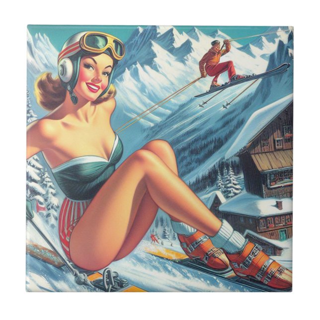 Vintage Ski Pin Up Ceramic Tile (Front)