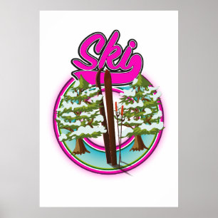vintage ski pink logo poster