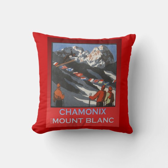Vintage Ski Poster, France, Chamonix, Mt Blanc Cushion (Front)