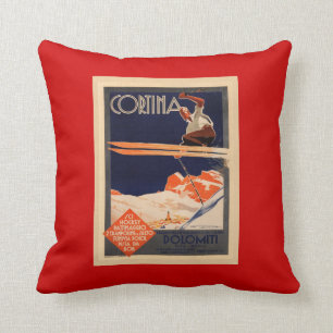 Vintage Ski Poster, Italy, Cortina d'Ampezzo Cushion