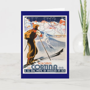 Vintage Ski Poster, Italy, Dolomites Cortina Holiday Card