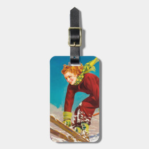 Vintage ski poster, lady ski jumper luggage tag