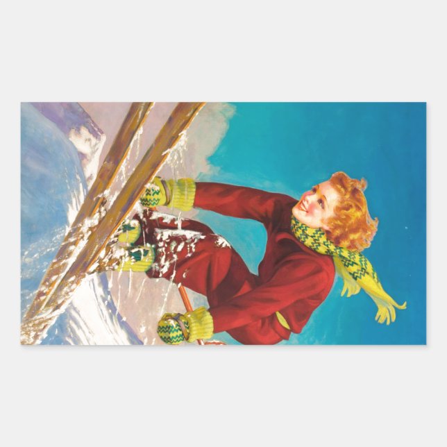 Vintage ski poster, lady ski jumper rectangular sticker (Front)