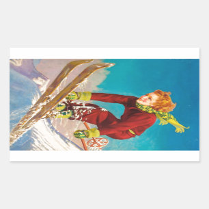 Vintage ski poster, lady ski jumper rectangular sticker
