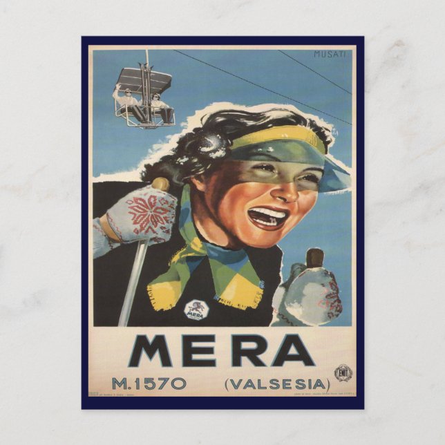 Vintage Ski Poster,   Mera Postcard (Front)