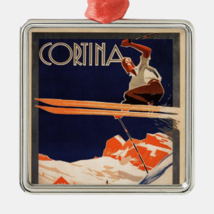 Vintage Ski Poster, Ski Cortina, Italy Metal Tree Decoration