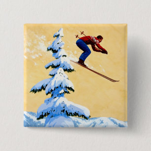 Vintage Ski Poster, Ski jumper and pine trees 15 Cm Square Badge