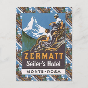 Vintage ski, Seiler's Hotel, Zermatt Postcard
