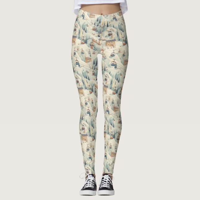 Vintage Ski Slope Cabins in Soft Pastels Leggings (Front)