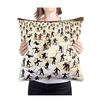 Vintage Skiers Art, Winter Landscape Painting Cushion