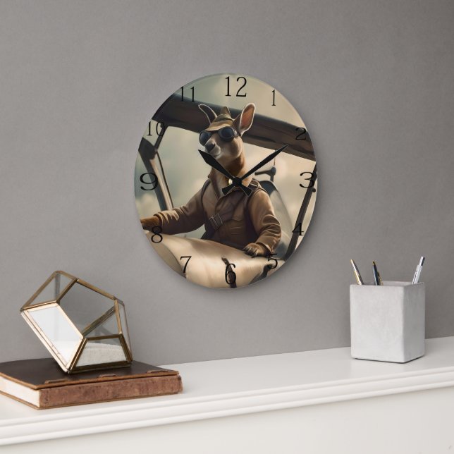 "Vintage Skies: The Kangaroo Pilot in Old Plane Large Clock (Office)