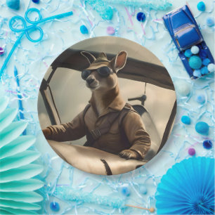 "Vintage Skies: The Kangaroo Pilot in Old Plane Paper Plate