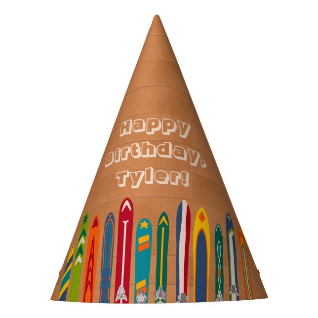 Vintage Skis Light Brown Personalized Party Hat (Front)