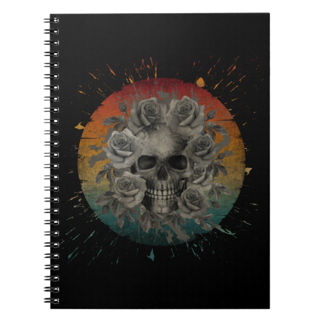 VINTAGE SKULL AND FLOWERS BLACK AND WHITE NOTEBOOK (Front)