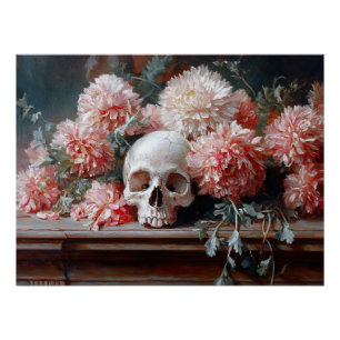 Vintage Skull and Light Pink Flowers Poster