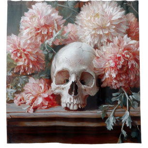 Vintage Skull and Light Pink Flowers Shower Curtain