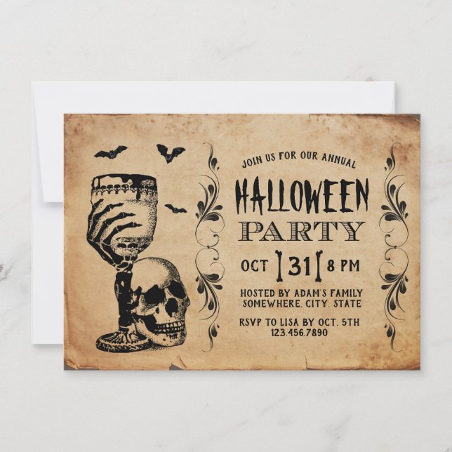 Vintage Skull Bats Halloween Party Invitation (Front)